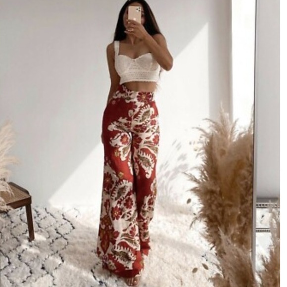 NWT Zara Floral Print Linen Blend Printed Pants Floral Trouser Red Green Small S - Picture 1 of 12